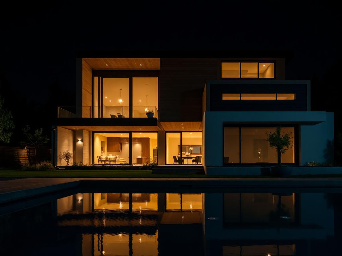 Fachada nocturna con espejo de agua
